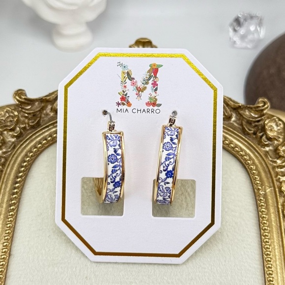 Mia Charro Blue & White Floral Enamel Hoop Earrings - Picture 1 of 10